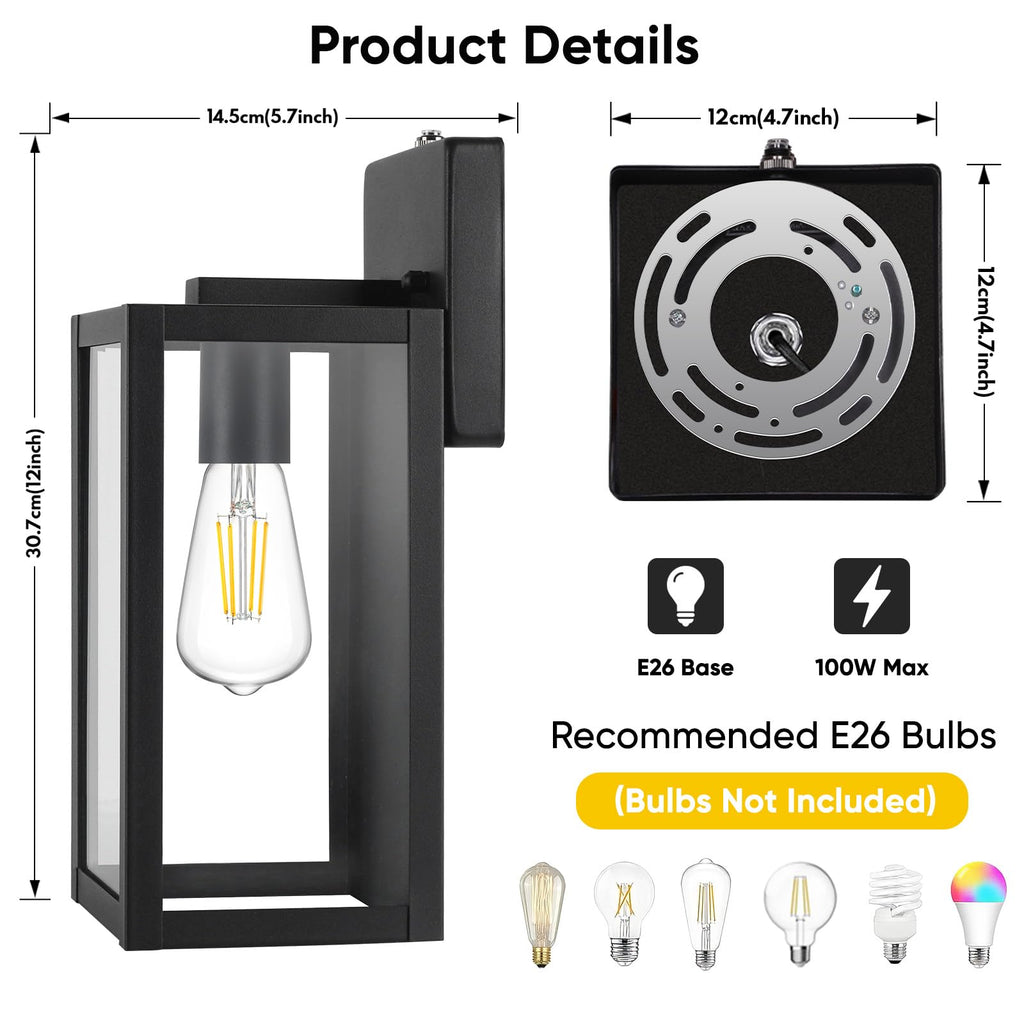 2-Pack Dusk to Dawn Outdoor Wall Lanterns Lights, Matte Black Waterproof Exterior Wall Sconces with Clear Glass