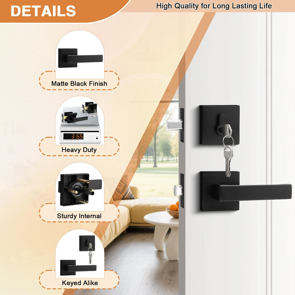 Flat Black Passage Door Lever with Single Cylinder Deadbolts Combo Pack, Modern Square Lock Set Handleset,Exterior
