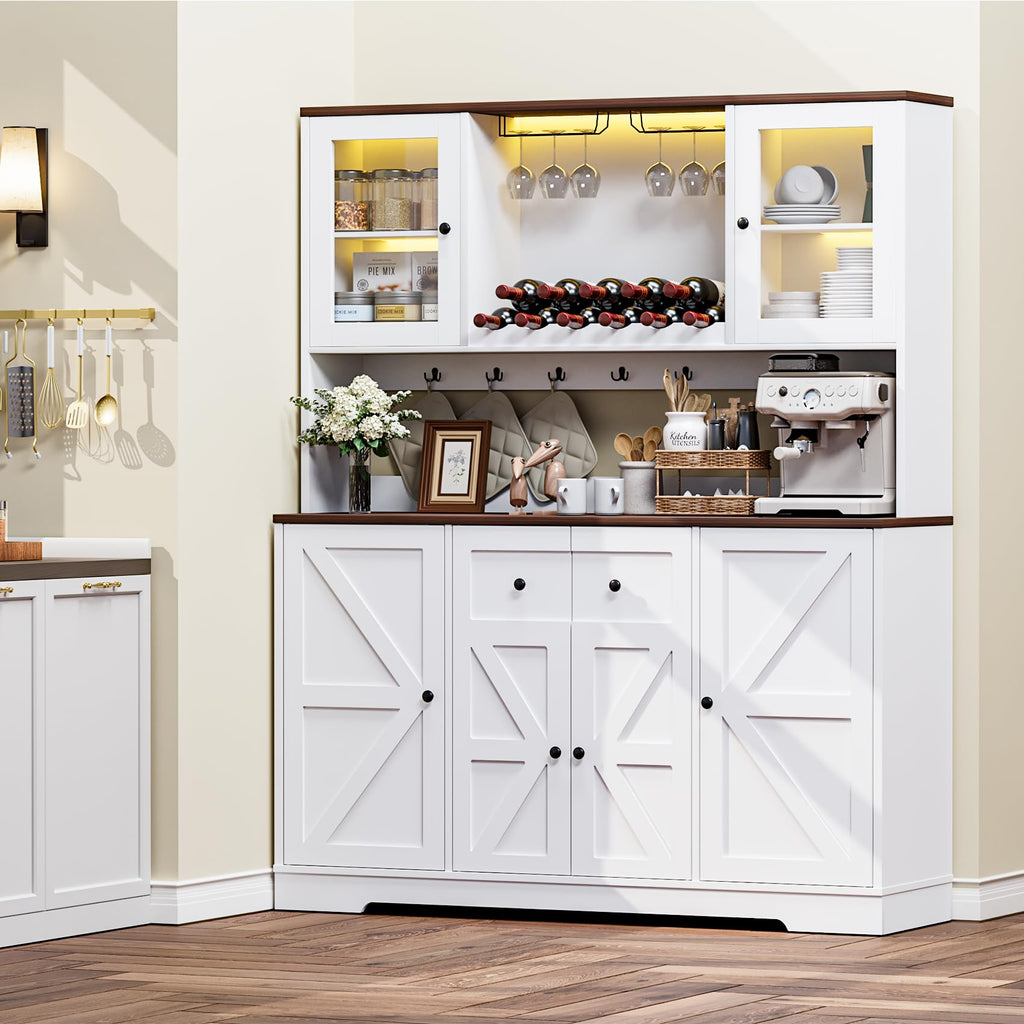 68" Tall Kitchen Pantry Storage Cabinet with Charging Station, 55" Wide Kitchen Hutch Cabinet with Large Countertop