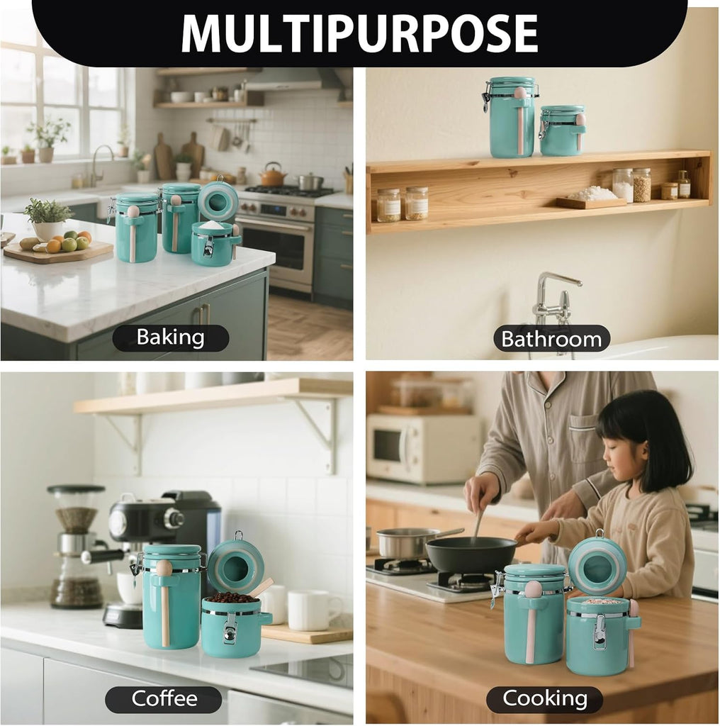 Airtight Ceramic Canister Set With Attached Wooden Spoon Reusable Chalk Labels For Dry Goods Sugar Coffee Tea - Set of 4