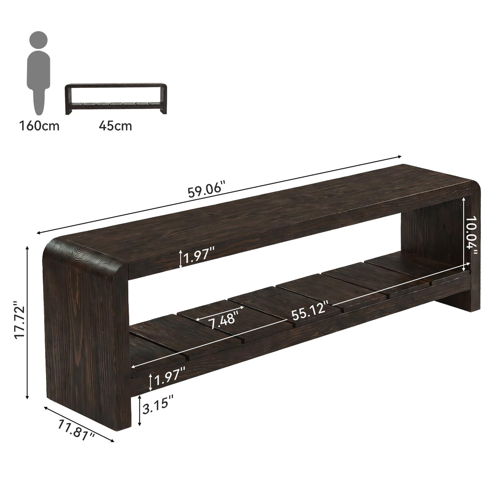 Solid Wood Entryway Bench with Shoe Storage, 59.06-Inch Long Shoe Bench with Open Shelf, Farmhouse End of Bed Seating