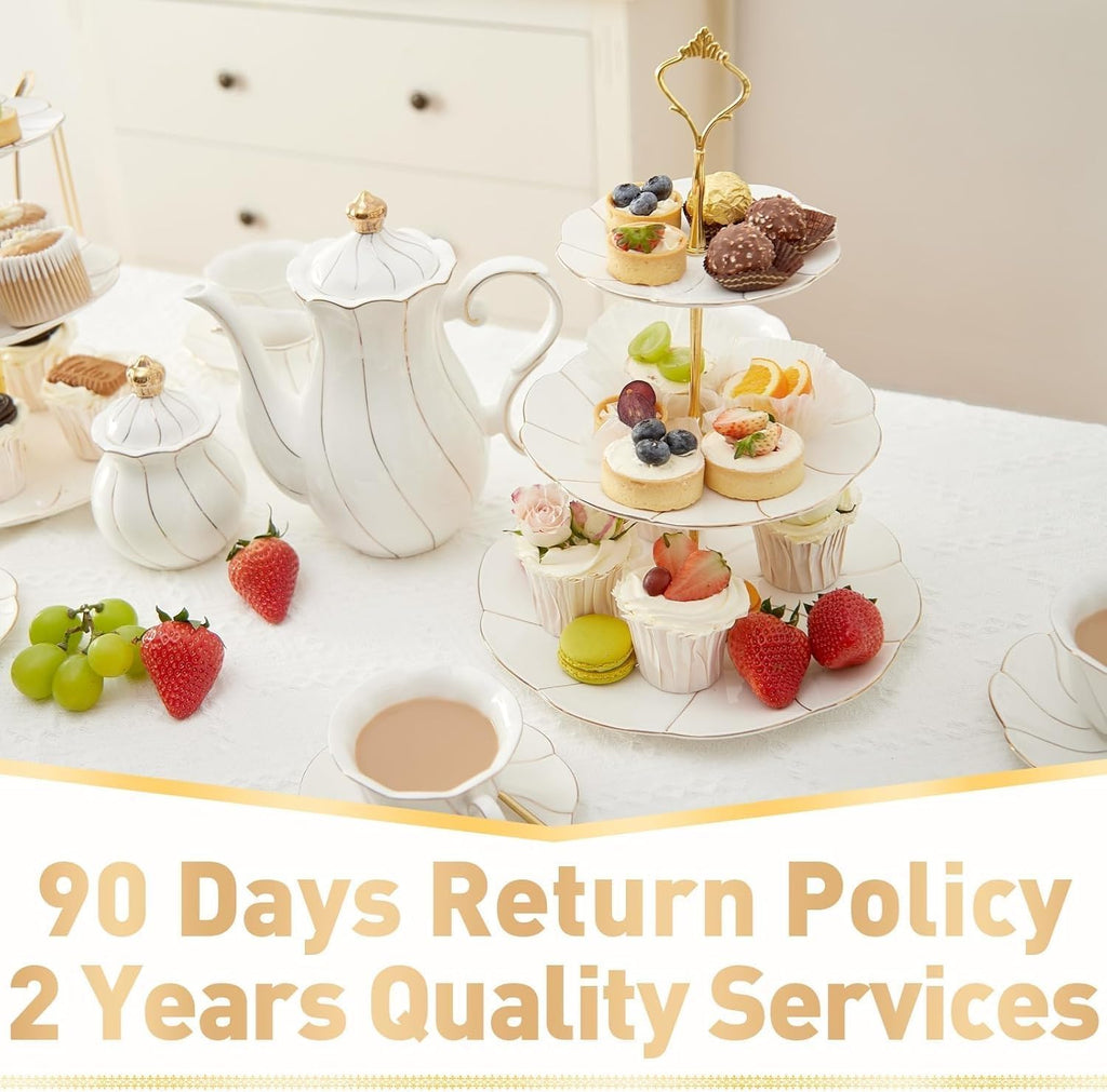 Luxury Larger 3-Tier Cupcake Stand Tower, British Style Porcelain Serving Tray with Golden Trim, Food Grade Dessert - Set of 3