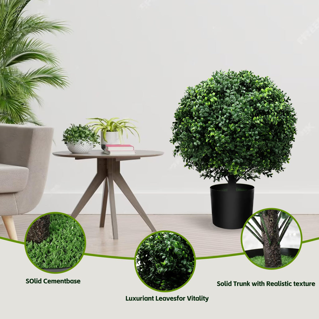 21-Inch Artificial Topiary Boxwood Ball Trees (Set of Two) - Lifelike, UV-Resistant Decor for Indoor & Outdoor Use