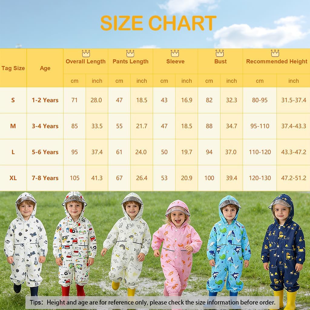 Kids Rain Suit Toddler Muddy Buddy Coverall One Piece Raincoat for Boys Girls