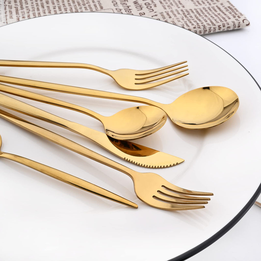 24Pcs Gold Mirror Silverware Flatware Set, 18/0 Stainless Steel Cutlery Set Utensils Kitchen Dinnerware Include Knife