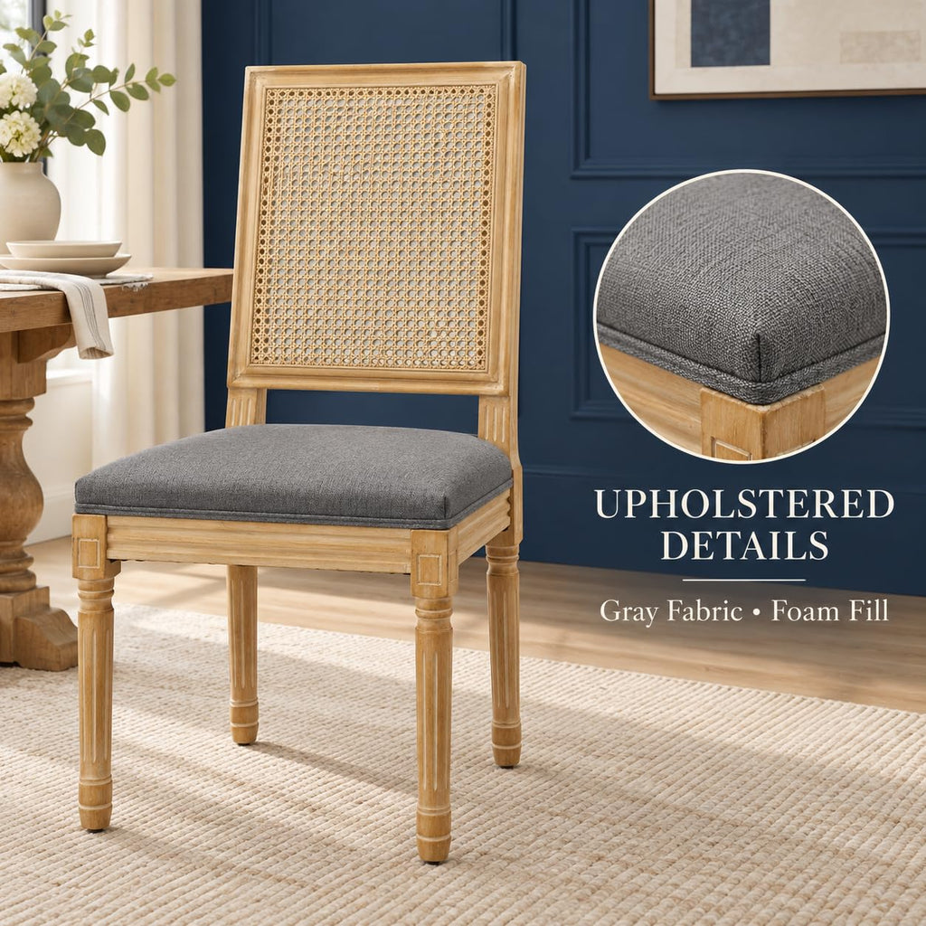 Vintage French Country Dining Chairs Set of 4, Rattan Dining Chairs with Solid Wood Legs, Gray Upholstered Chair with