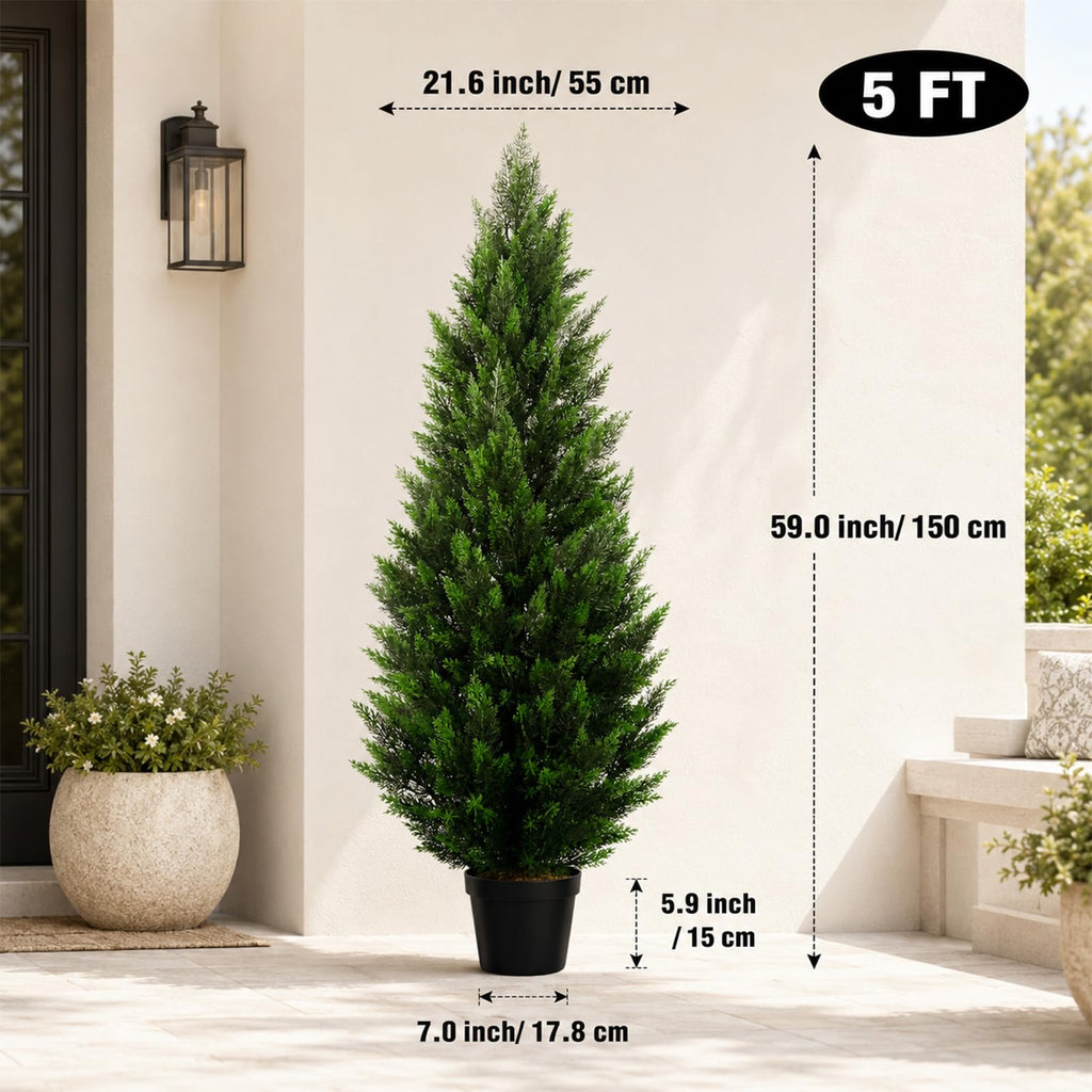 Artificial Topiary Cedar Trees 5FT Tall 2 Set, Outdoor Indoor Faux Pine Shrubs Plants, Realistic Fake Plants Front