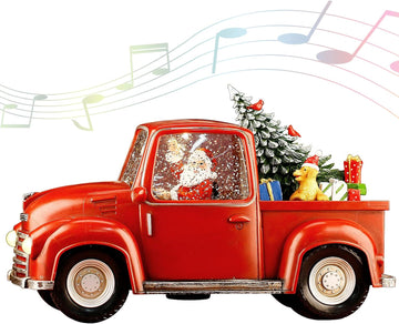 Lighted Vintage Red Truck Decor, 11.3" Musical Christmas Snow Globe with Swirling Glitter, Santa Claus in Truck Car