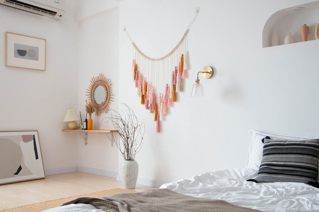 Macrame Wall Hanging - Large Macrame Wall Hanging with Wood Beads - Bohemian Wall Decor - Pink and Gold- 35'' x 36''