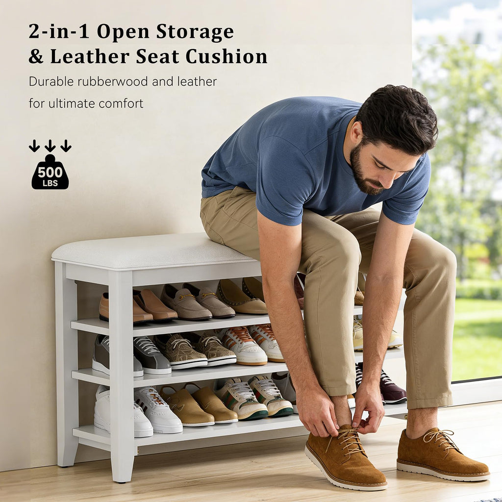 Shoe Rack Bench with 3 Tier Adjustable Shelves Rubberwood Entryway