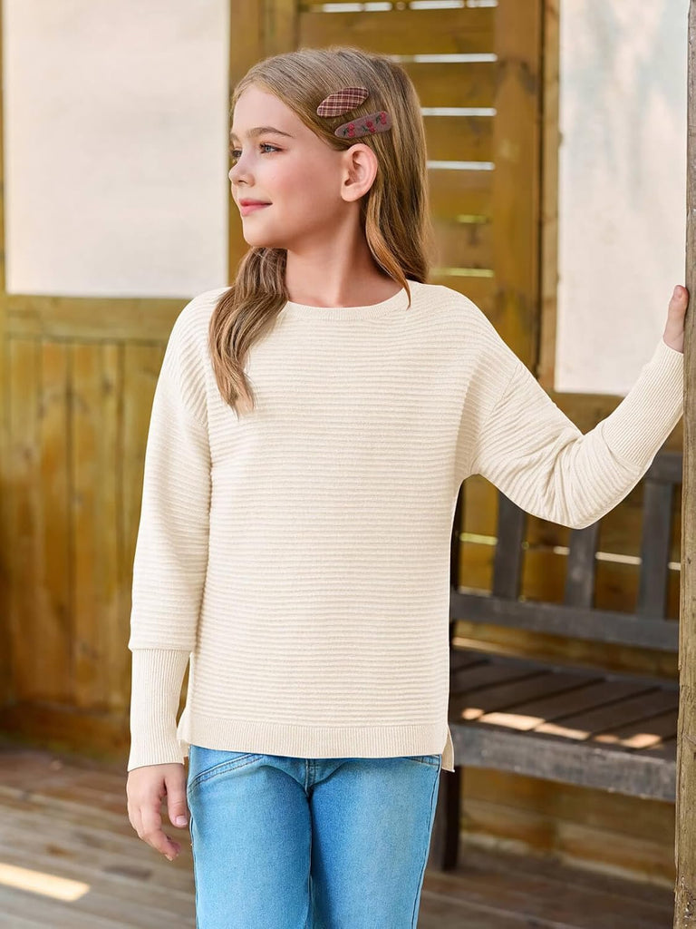 Girls Fall Sweater Kids Ribbed Knit Split Pullover Tops