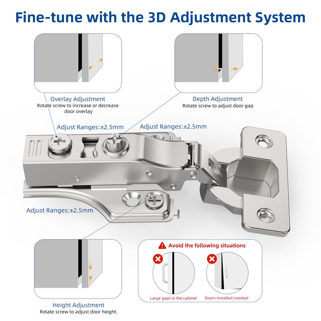 30 Pack 3/4" Full Overlay Soft Close Concealed Hinge for Face Frame & Frameless Door, 3D Adjustment, Clip-on Plate