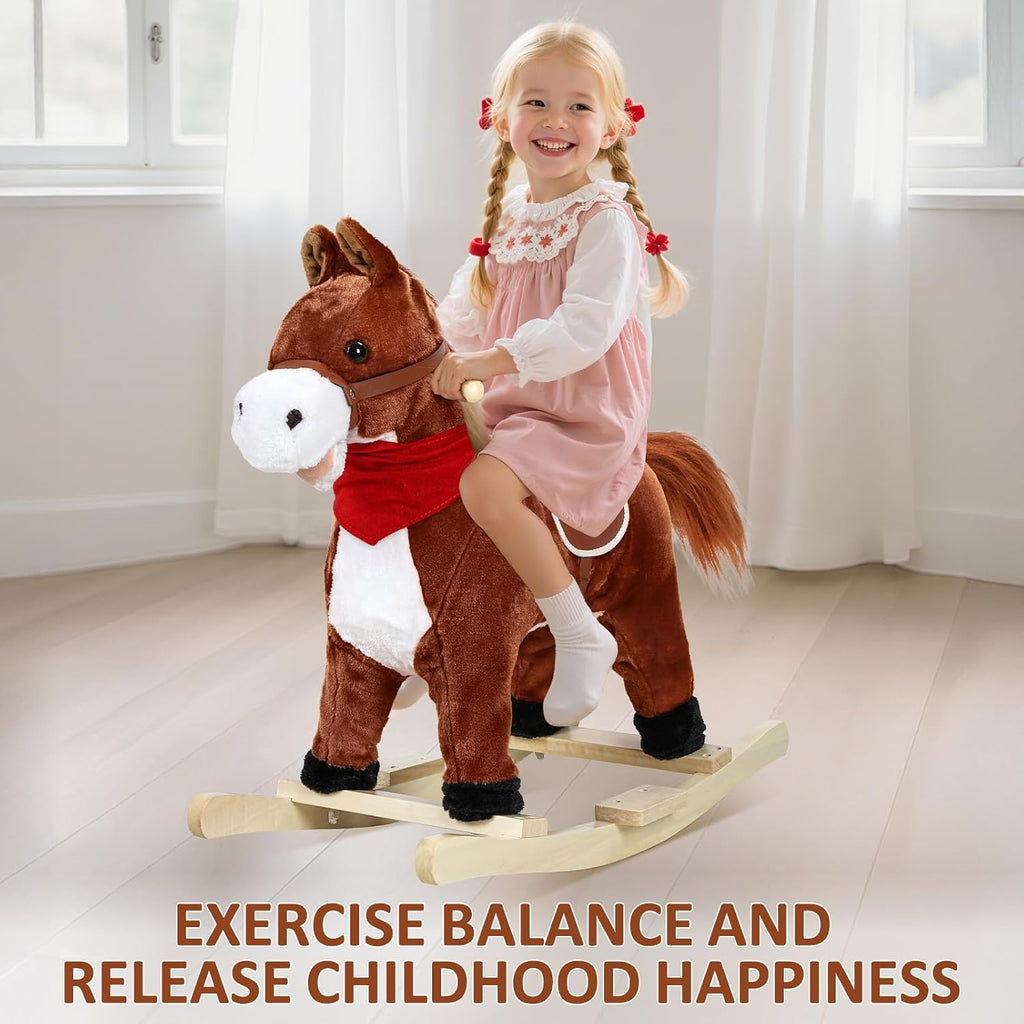 Plush Rocking Horse for Toddlers Age 1-6, Wooden Rocker with Moving Mouth & Wagging Tail, Musical with Sounds, 50kg