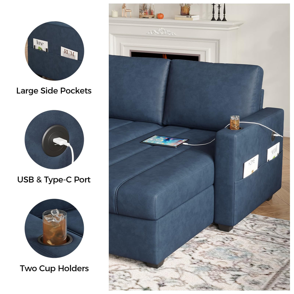 89 inch L-Shaped Sectional Sofa Sleeper with Storage Space & Side Pocket, Anti-Scratch Faux Leather Couch Bed with