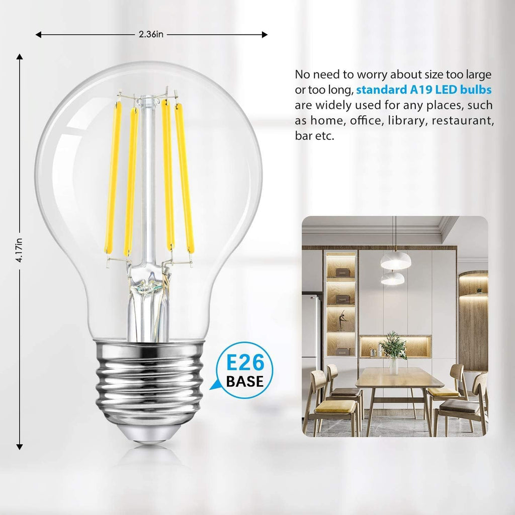 LED A19 Dimmable Light Bulbs 100W Equivalent, Vintage E26 Edison Bulbs 8W 1200LM, 5000K Daylight White, Clear Antique
