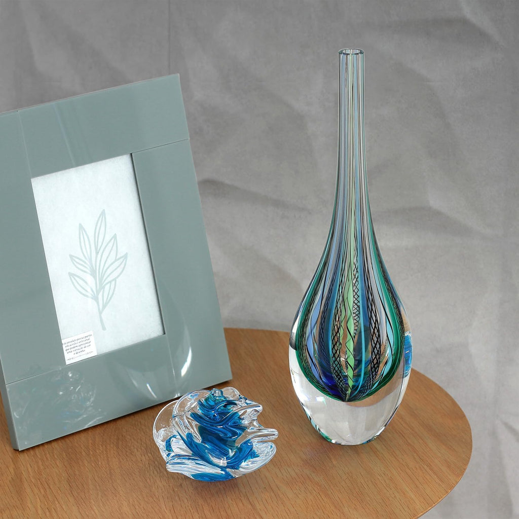 Murano Style Art Glass Drop Vase Hand Blown Blue Boho Effect Home Decor
