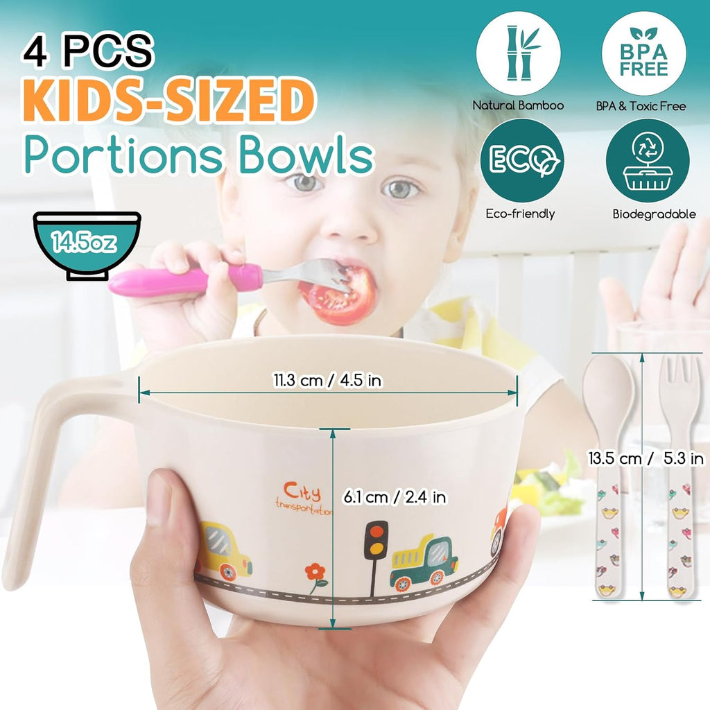 Kids Dinnerware Set of 7+ 4 Bamboo Kids Bowls with Utensils