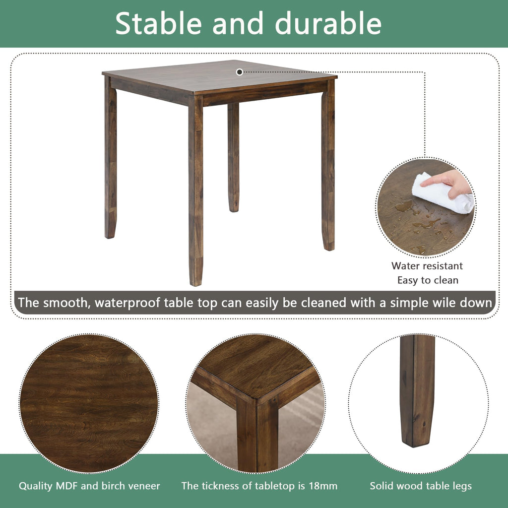 Counter Height Dining Table Set 5-Piece, 34.5" Square Wooden Table & 4 Upholstered Chairs, Modern Walnut Finish