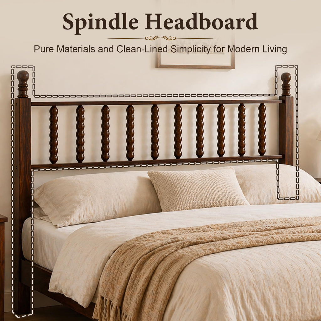 Vintage Wood Bed Frame Queen Size with Spindle Headboard, Walnut