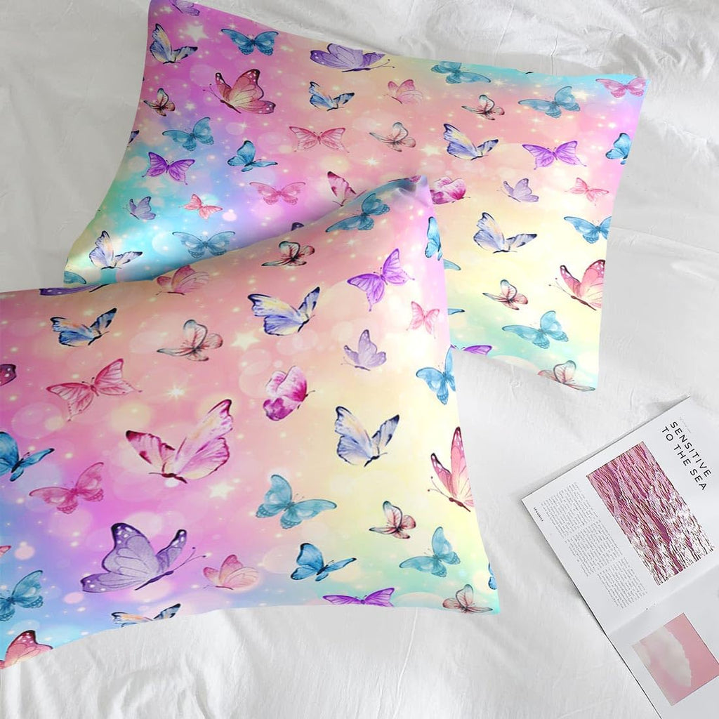 Comforter Set Twin, Pink Blue Butterfly 5 Pcs Bedding for Kids and Adults, Colorful Rainbow Bed Sheet Sets with