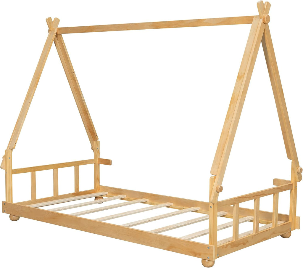Twin Size House Bed with Tent & Light, Wooden Full Montessori Floor Beds for Kids with Roof, DIY Playhouse, No Box