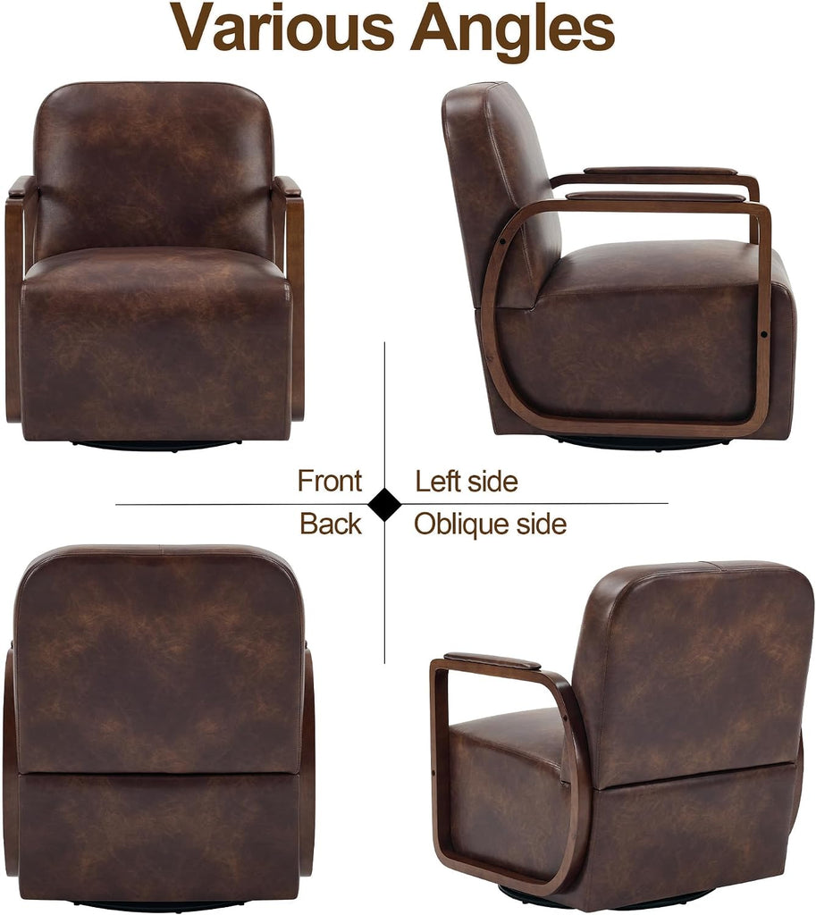 Faux Leather 360° Swivel Barrel Accent Chair, Upholstered Mid Century Modern Reading Lounge Chair with Wooden