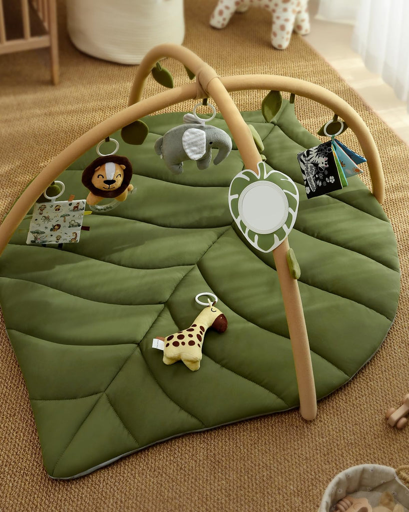 Play Gym & Activity Mat, Oversize Leaf Shaped Baby Play Mat w 6 Detachable Toys, Tummy Time Mat Promote Motor Skills