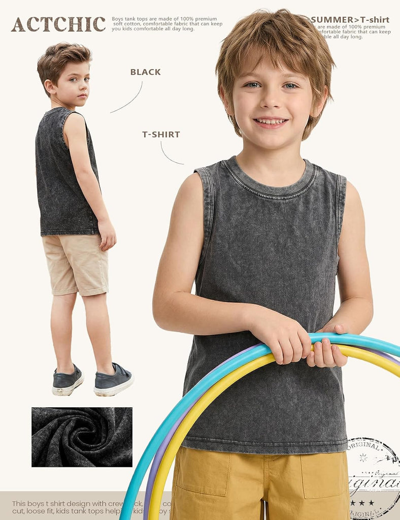 Boys Tank Tops Sleeveless Undershirt T-Shirts Vintage Acid Wash Cotton Athletic Tees