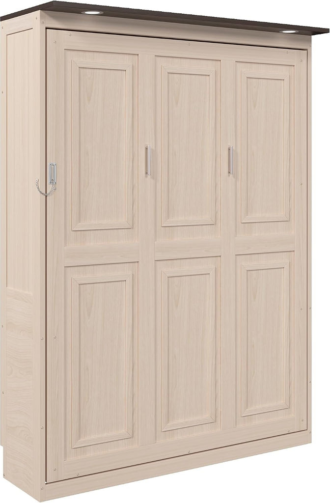 Murphy Bed with LED, Solid Wood Wall Bed, Converts to Cabinet for Space Saving, Queen, Beige