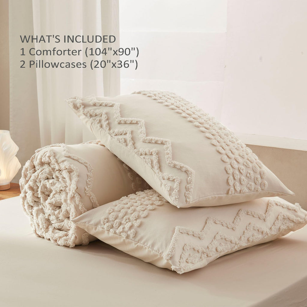 Beige Tufted Comforter Set, 3 Pieces King Size Boho Bedding Set