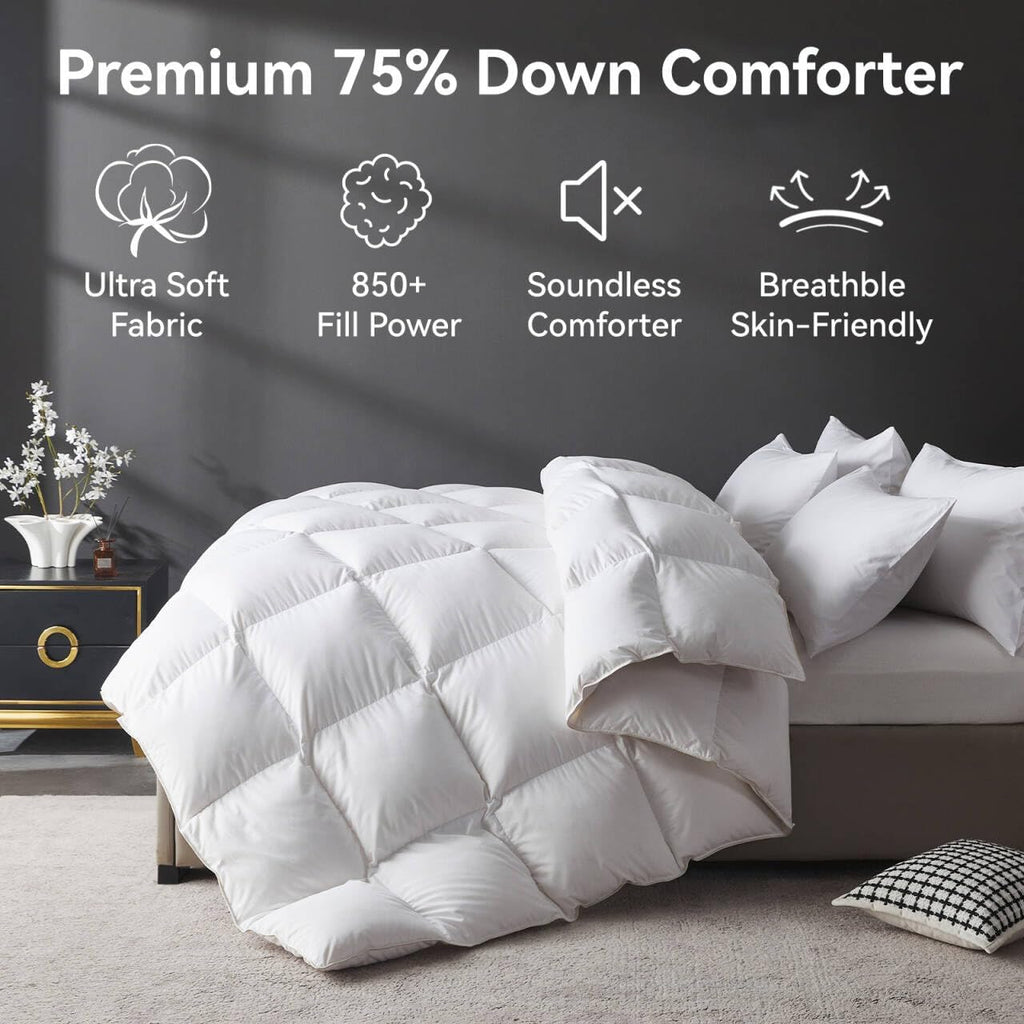 Organic 75% Down Fiber Comforter Oversize Queen,850+FP,1200TC,Extra Fluffy,Hotel Style,Luxury Ultra 