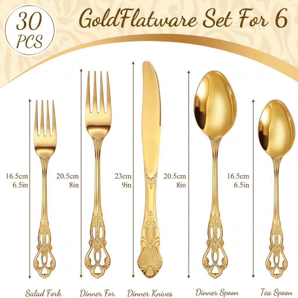 30 Pcs Gold Silverware Set, Stainless Steel Flatware,Gold