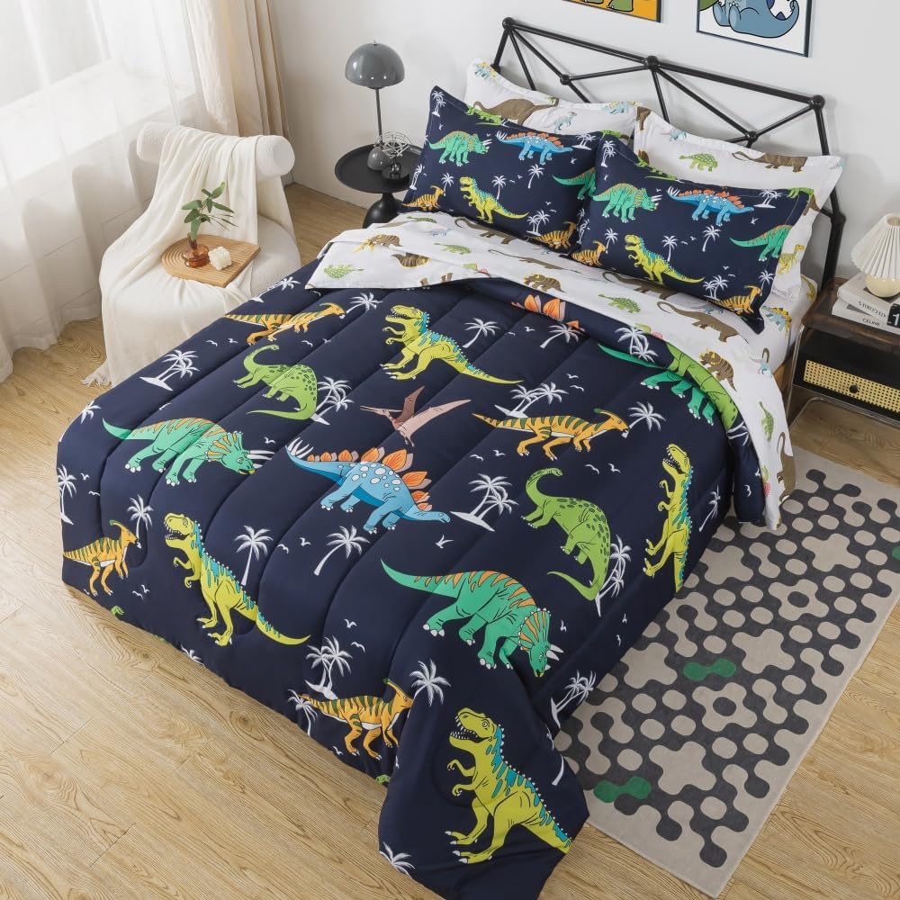 7 Pieces Dinosaur Comforter Full Kids Jungle Dinosaur Bedding Set Bed in A Bag for Boys T-Rex Dino Comforter and