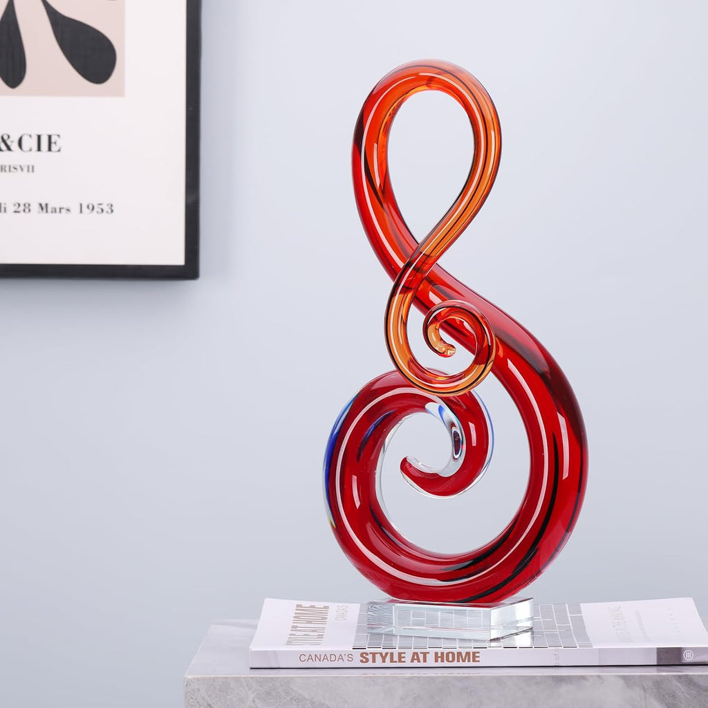 13" H Large Glass Sculpture Red Hand Blown s Art Music Decor, Modern Red Glasses Decor Crystals Statue