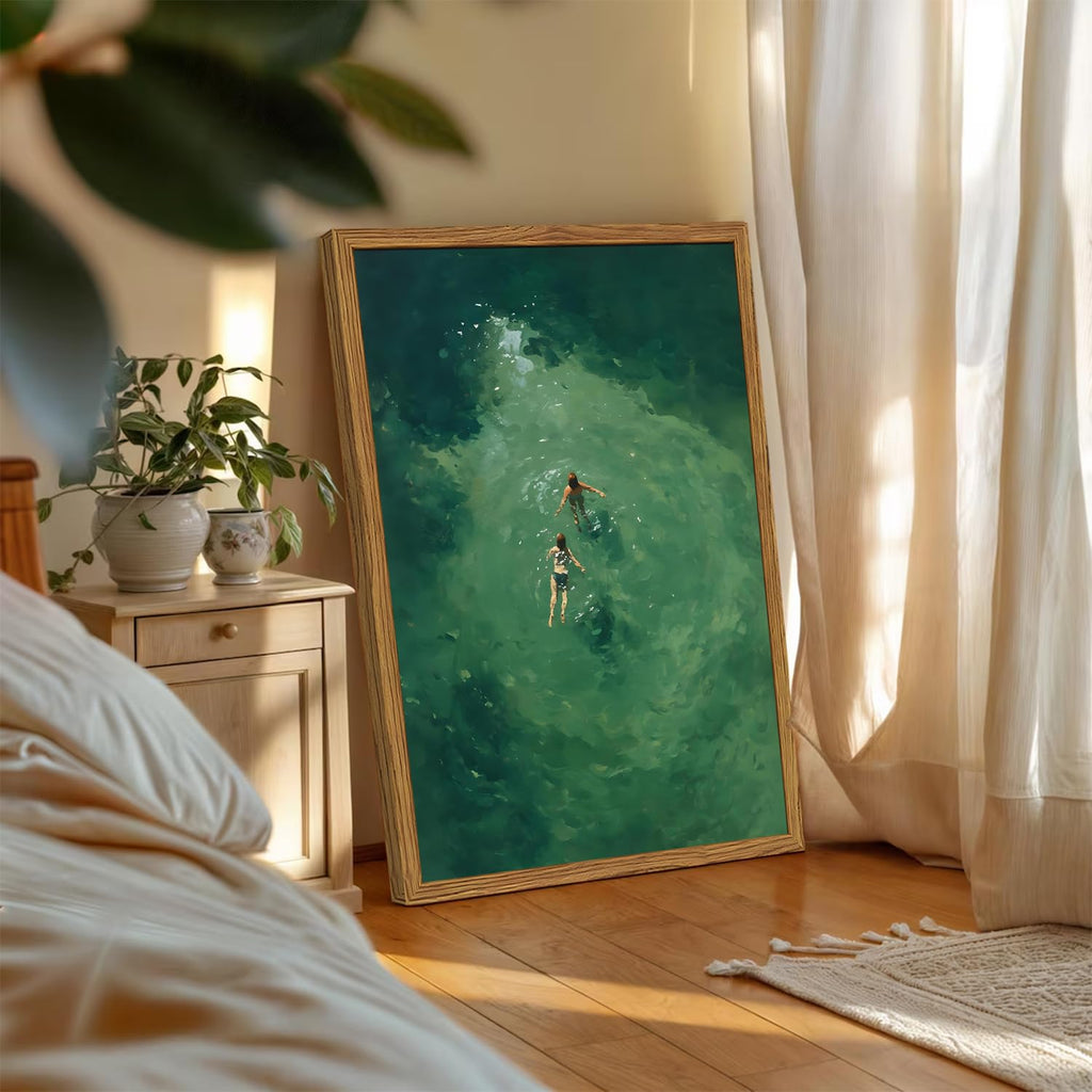 Framed Tiny People Swimming Canvas Wall Art, Minimalist Green Water Pictures Wall Decor, Abstract Summer Beach