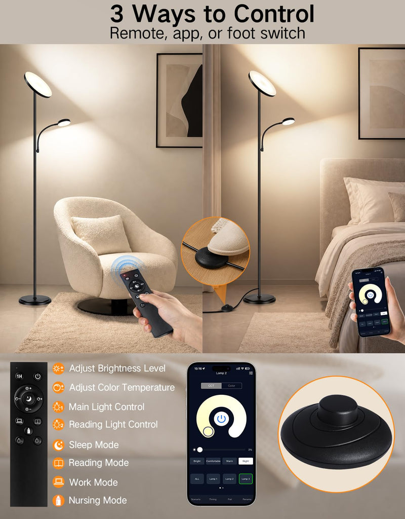 LED Torchiere Floor Lamp with Reading Light, Dimmable Standing Lamp