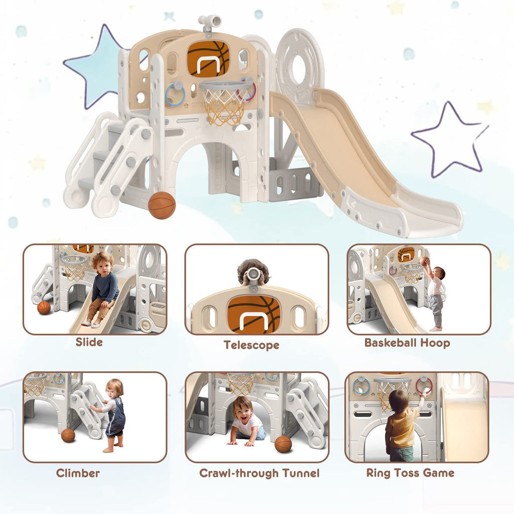 Toddler Slide Set, 9 in 1 Indoor Outdoor Playset for 1-3, Beige Brown