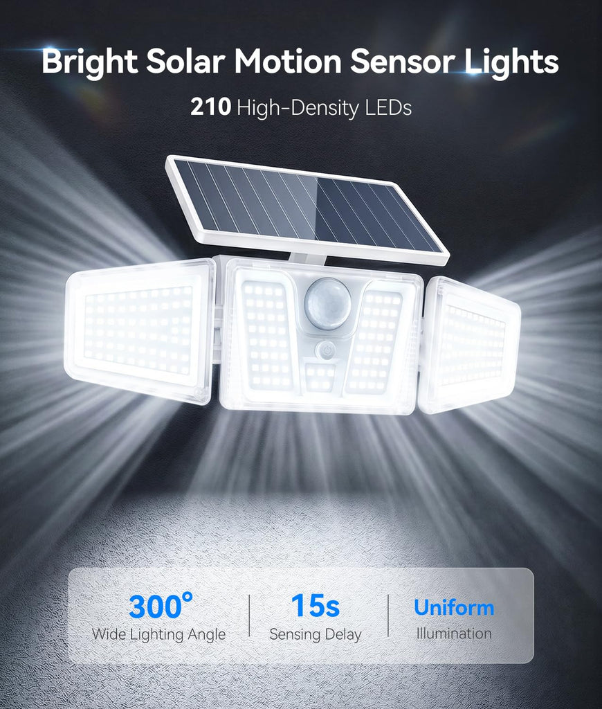 Solar Flood Lights, 210 LED Motion Sensor Outdoor Lights, Solar Motion Lights Outdoor Waterproof, 3 Heads 300° Wide