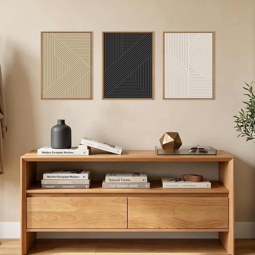 Framed Neutral Wall Art Black Geometric Artwork Modern Painting12x16