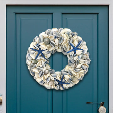 Natural Seashell Wreath w/Shells, Starfish, Pearls, Sea Snails - Spring & Summer Coastal Decor Beach House Indoor