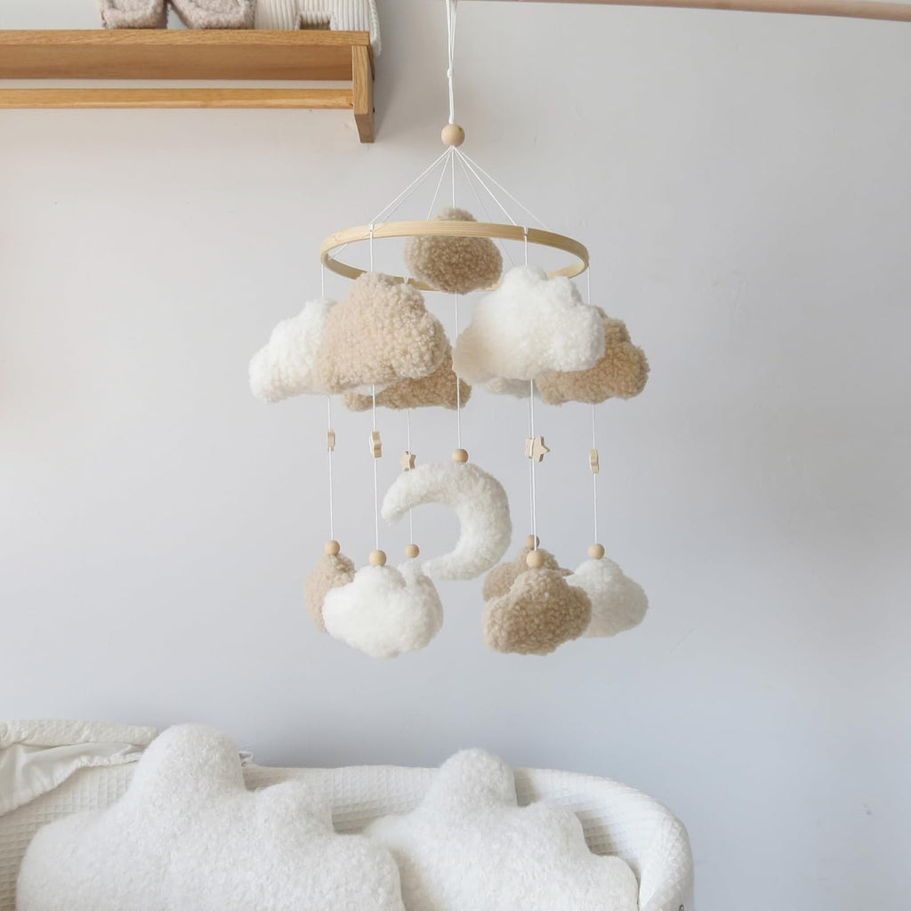 Neutral Boho Cloud Mobile for Crib with Moon Neutral Baby Crib Mobile Boho Crib Mobile Boucle Baby Mobile for Crib
