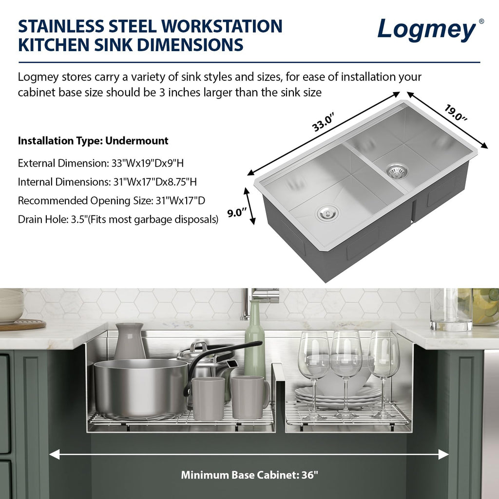 33 Inch Double Bowl Kitchen Sink Undermount 60/40