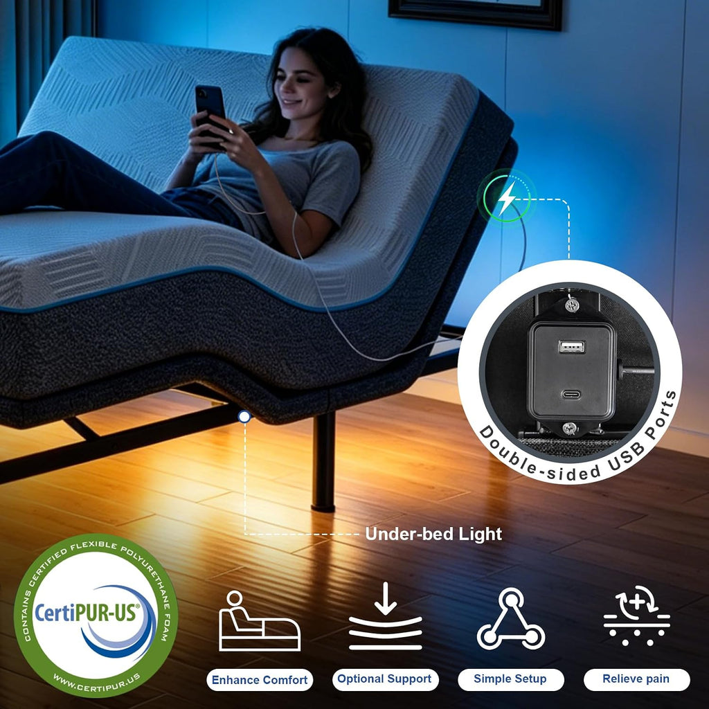 Split King Adjustable Bed Frame with Thickened Frame, Pillow-Tilt, Separate Head/Foot Lift, Zero Gravity, Anti-Snore
