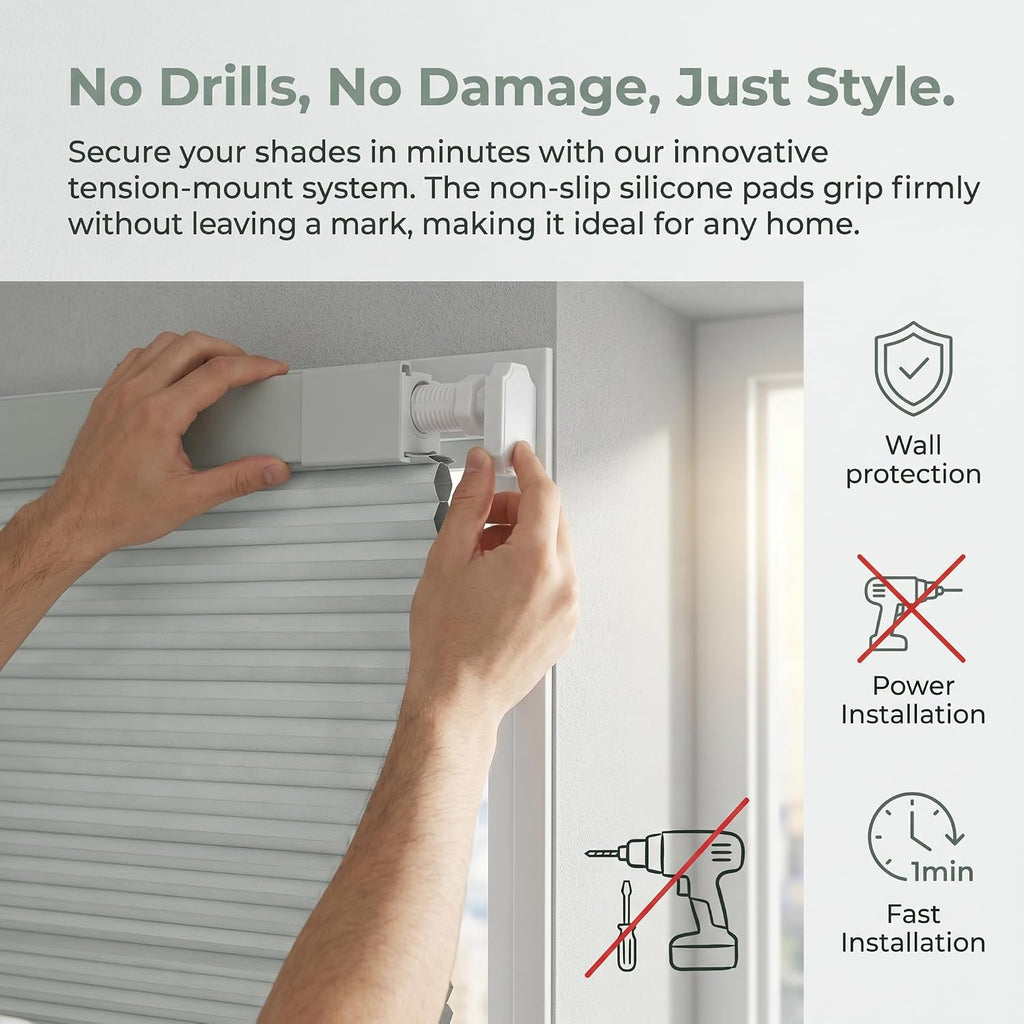 No Drill Cordless Cellular Honeycomb Blinds, Tension Mount Blackout Window Shades, Thermal Insulating Child Safe Cord
