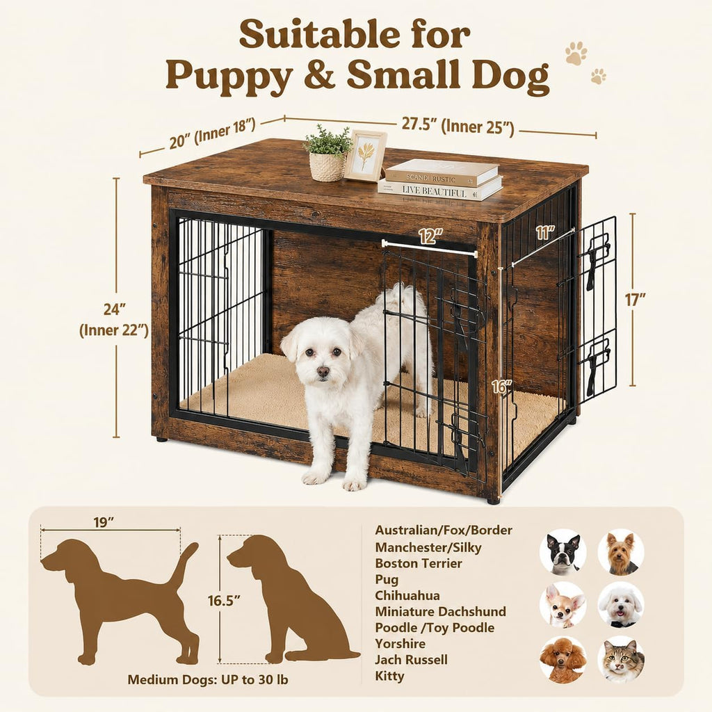 27.5in Wooden Dog Crate Furniture w/Cushion for Small Medium Dogs