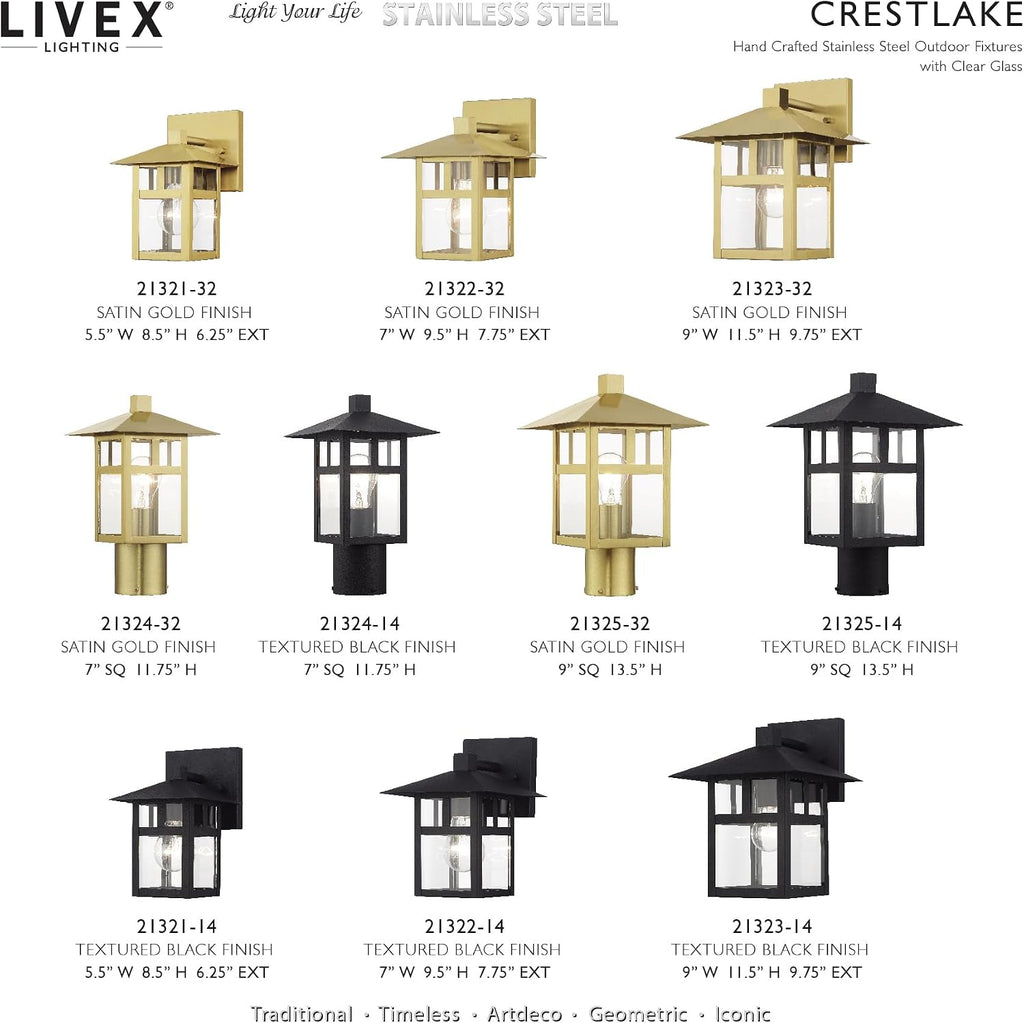 Crestlake Collection, 1 Light Satin Gold Large Outdoor Post Top Lantern with Clear Glass