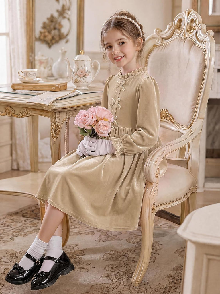 Girls Velvet Long Sleeve Dress Ruffled A-Line Party Dresses