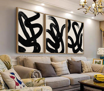 Framed Wall Art Canvas Set Abstract Lines Pictures Modern Mid Century Boho Wall Decor Minimalist Abstract Black
