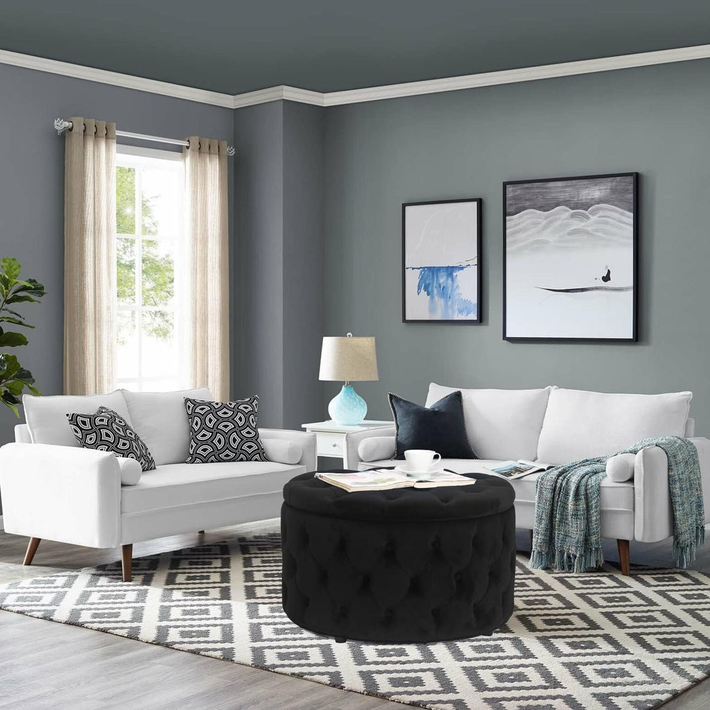 Round Storage Ottoman, Button Tufted Upholstered Ottoman with Removable Top, Storage Bench Coffee Table Footrest