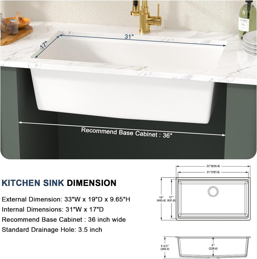 33 Inch White Kitchen Sink Granite Composite Undermount Kitchen Sink Workstation 33x19 White Quartz Sinks Under